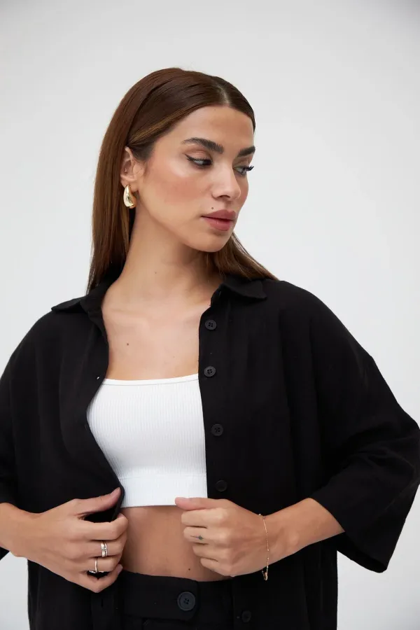 Ensemble deux pièces chemise et pantalon en lin noir