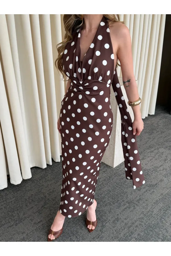 Robe marron à pois avec détail au dos - 4922