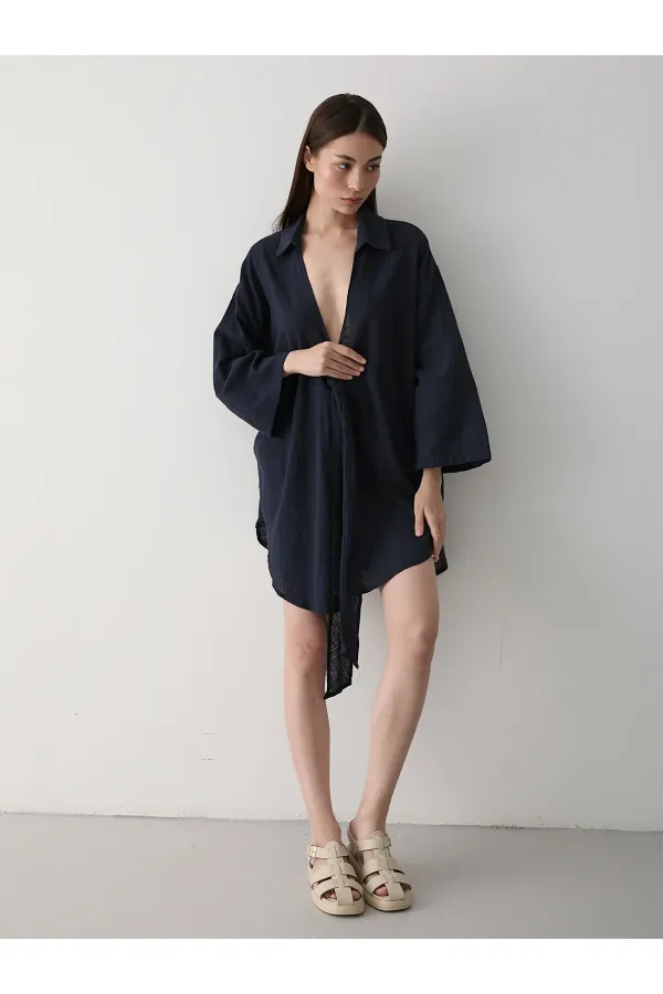 Siyah Flam Keten Kimono Gömlek