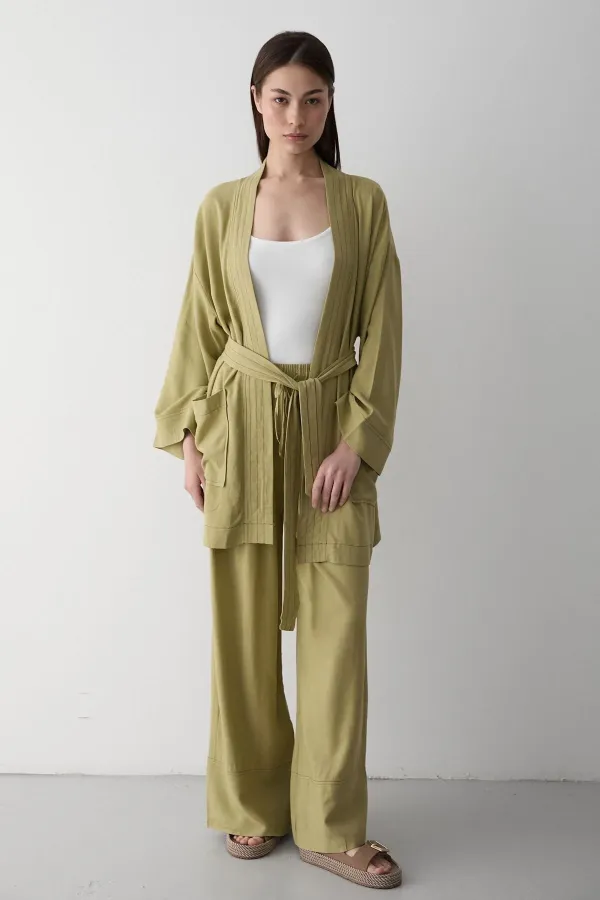 Haki %100 Pamuk Cep Detaylı Kuşaklı Kimono Takım - 8491