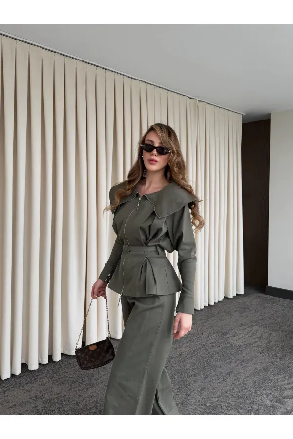 Khaki Design Denim Set - 8002