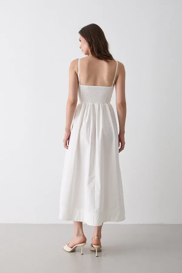 Beyaz Bel Detaylı Poplin Elbise - 2001