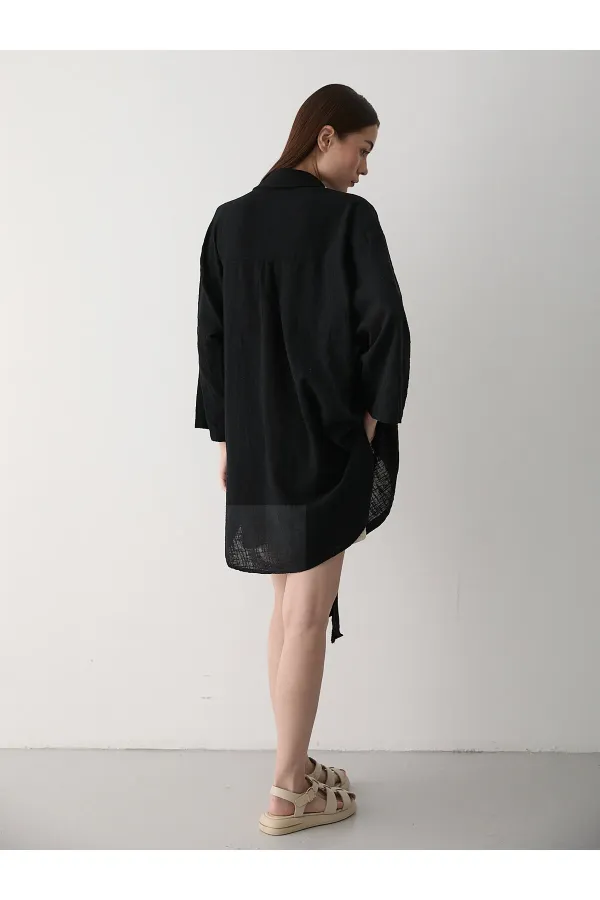 Siyah Flam Keten Kimono Gömlek