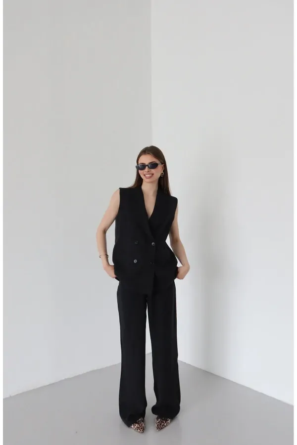 Siyah Siyah Düğmeli Yelek Pantolon Takım
