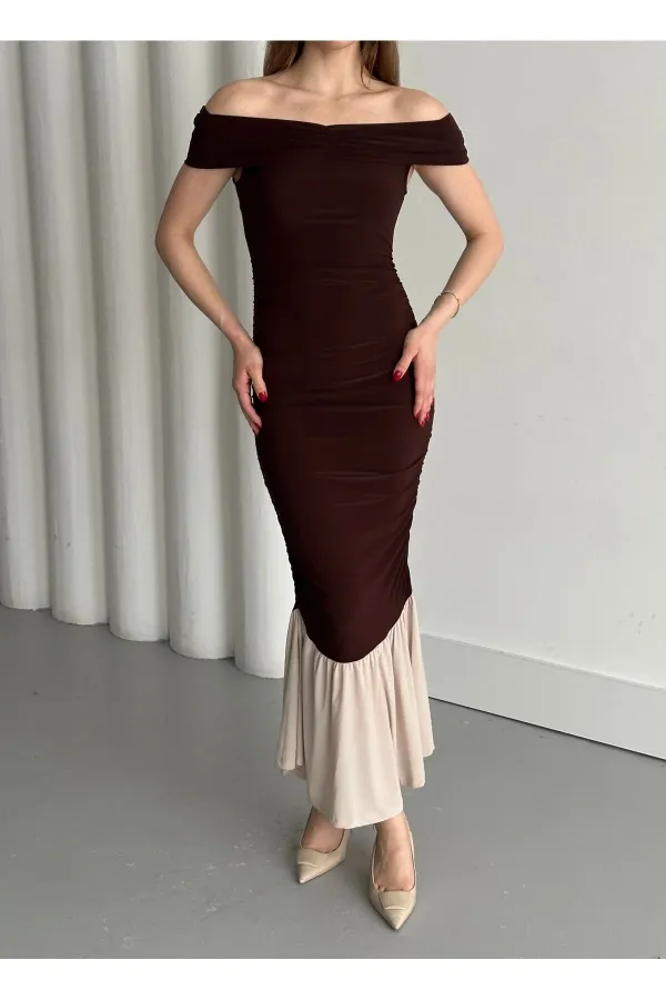 Kahverengi Kayık Yaka Fırfırlı Elbise - 4798