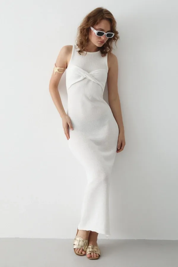 White Dress with Front Twist Detail