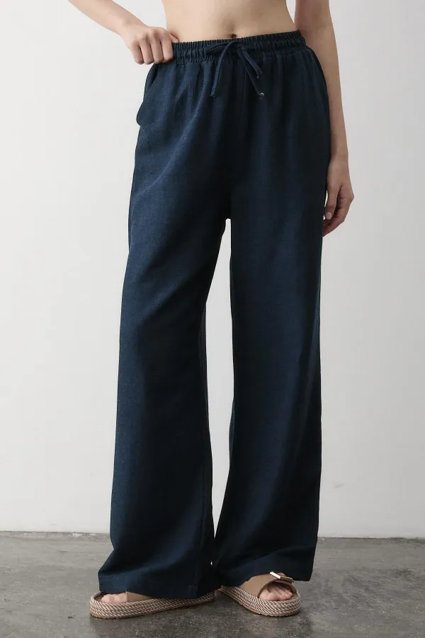 Navy Blue Wide Leg Trousers with Elastic Waistband