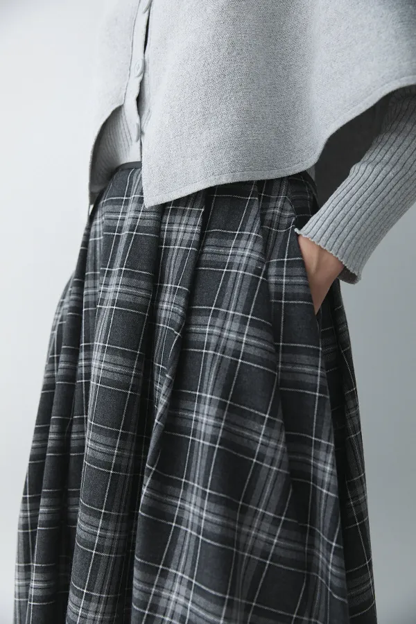 Anthracite Grey Plaid Skirt with Leather Trim - 4977 Anthracite Grey Plaid Skirt with Leather Trim - 4977