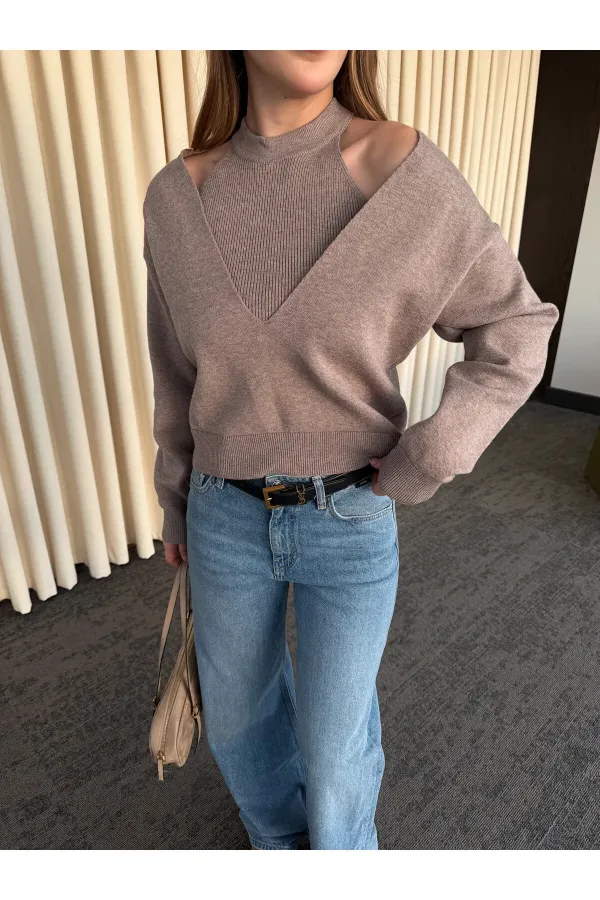 Bej İkili V Yaka Kazak - 251206