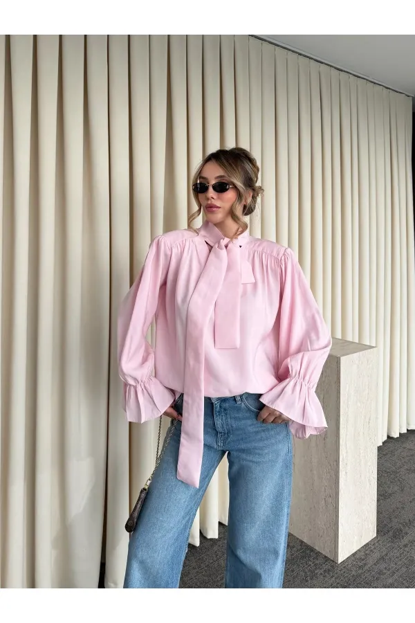Pembe Fırfır Detaylı Vatkalı Bluz - 1016
