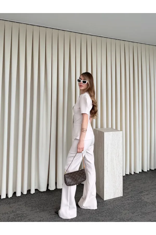 Bej Balon Kol Düğmeli Ceket Pantolon Takım - 0440