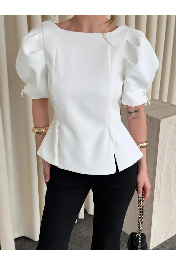 Off-White Blouse with Pearl Bow Detail on Sleeves - 5001