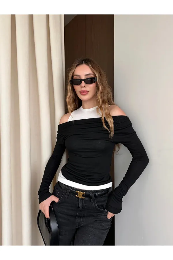 Siyah Beyaz Atletli Kayık Yaka Bluz - 0780