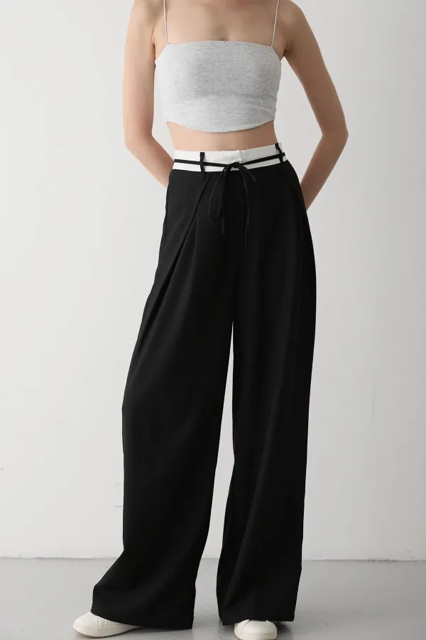 Siyah İp Kemer Detaylı Tasarım Pantolon - 3576