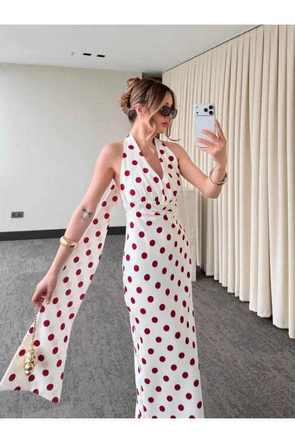 Robe blanc cassé à pois avec détail au dos - 4922