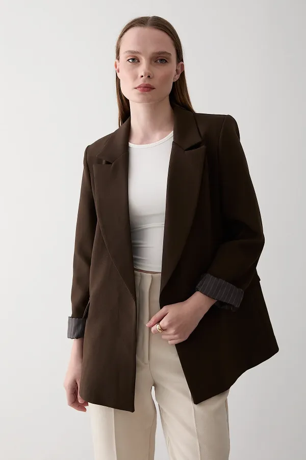 Brown Striped Lined Blazer Jacket with Fold-Up Sleeves - 7560 Brown Striped Lined Blazer Jacket with Fold-Up Sleeves - 7560