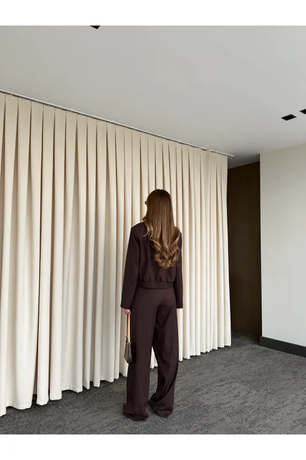 Kahverengi Crop Ceket Pantolon Takım - 9689