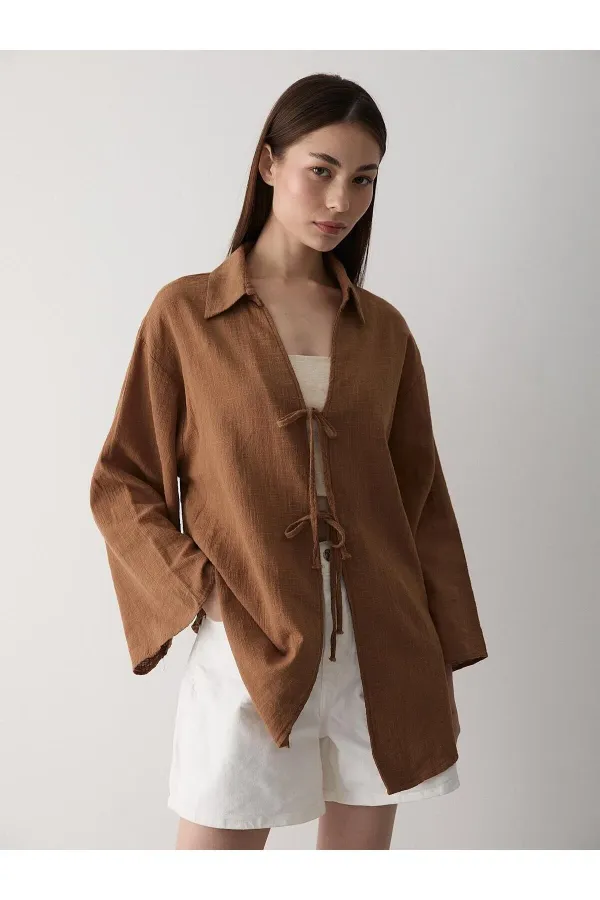 Coffee 100% Cotton Linen Kimono Blouse with Lace Detail