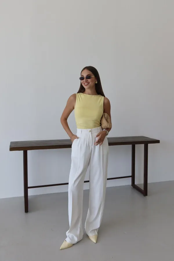 White Palazzo Pants with Gold Buttons and Elastic Waist White Palazzo Pants with Gold Buttons and Elastic Waist