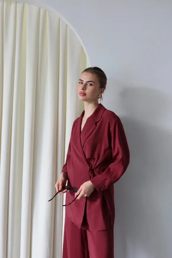 Burgundy Kimono Set with Collar Detail and Tie-Up - 8459 Burgundy Kimono Set with Collar Detail and Tie-Up - 8459