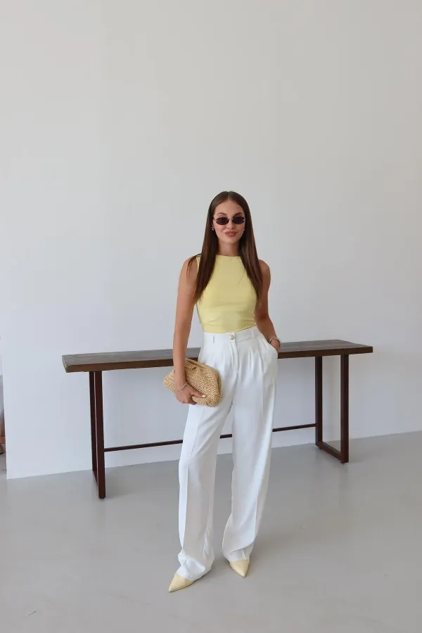White Palazzo Pants with Gold Buttons and Elastic Waist White Palazzo Pants with Gold Buttons and Elastic Waist