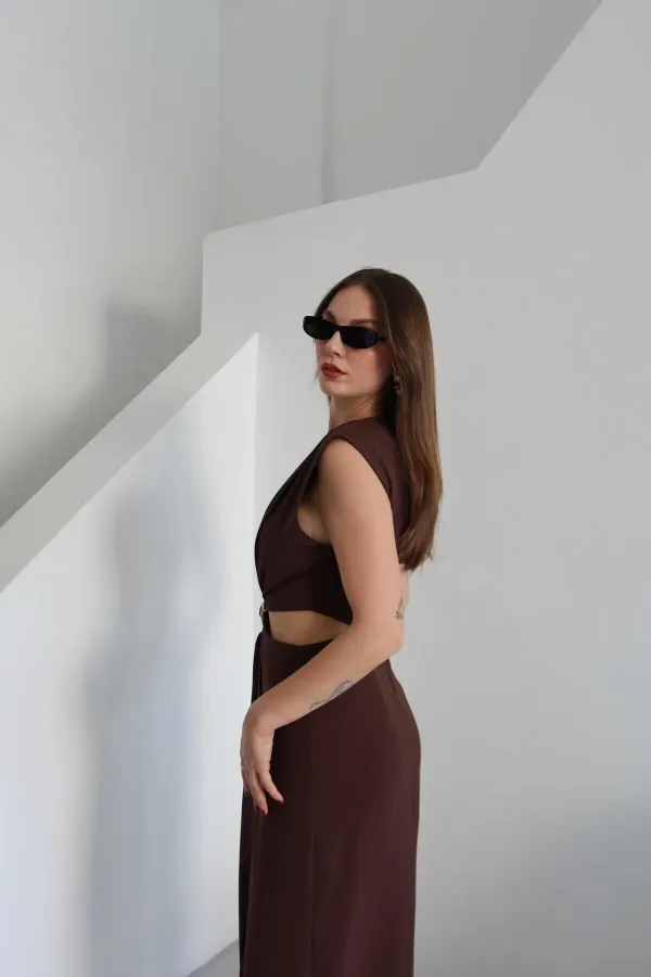 Brown Dress with Front Buckle and Side Cutout