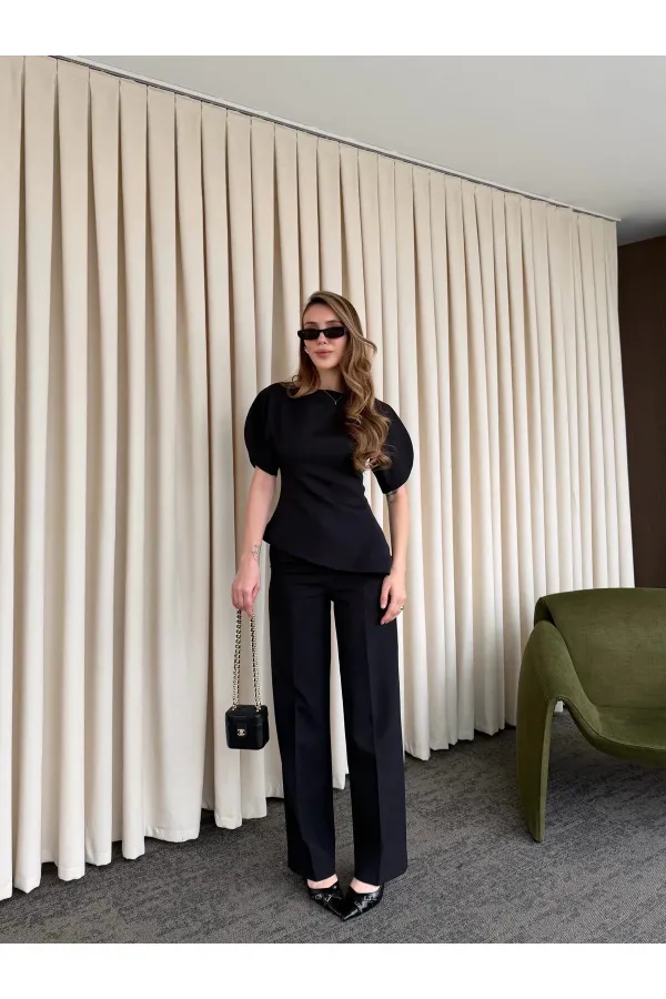 Ensemble chemisier asymétrique noir à manches ballon et pantalon - 25194