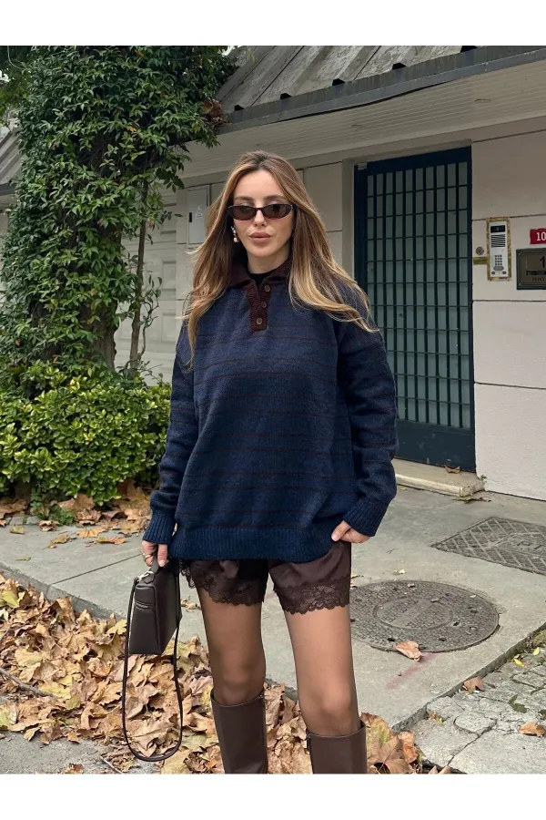 Lacivert - Kahverengi Çizgili Kazak -1510