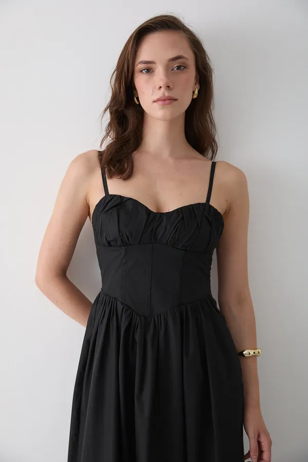 Siyah Bel Detaylı Poplin Elbise - 2001