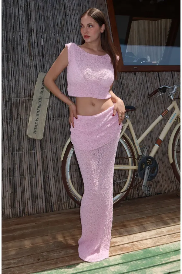 Ensemble deux pièces rose drapé - 7257