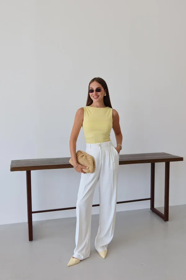 White Palazzo Pants with Gold Buttons and Elastic Waist White Palazzo Pants with Gold Buttons and Elastic Waist