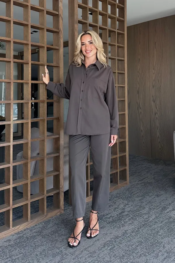 Ensemble chemise et pantalon marron Merlin avec ceinture - 8453