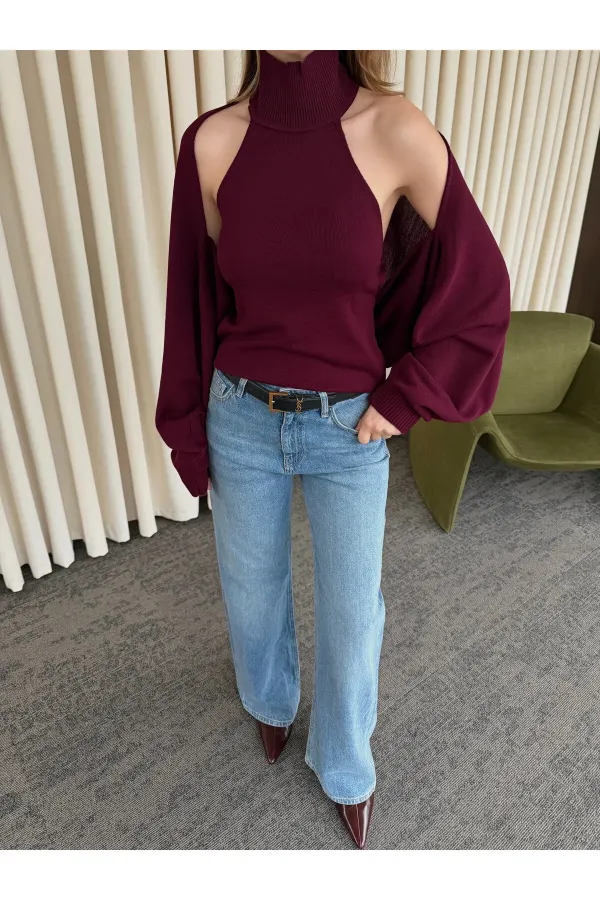 Ensemble boléro en maille bordeaux - 601117