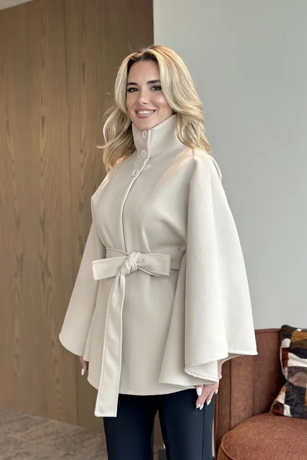 Cream Buttoned Belted Cashmere Poncho - 2055 Cream Buttoned Belted Cashmere Poncho - 2055