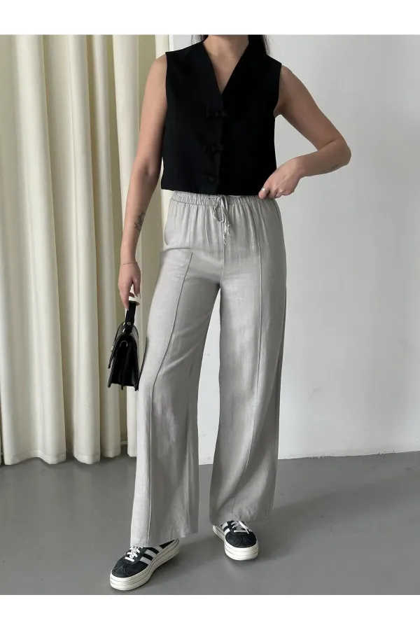 Grey 100% Linen Palazzo Trousers