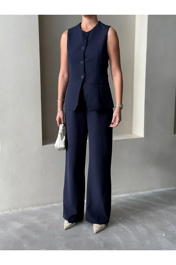 Dark Navy Camille Classic Button-Down Vest Trousers - 8449 Dark Navy Camille Classic Button-Down Vest Trousers - 8449