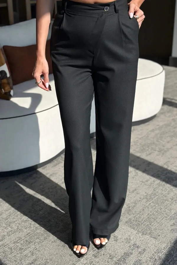 Pantalon en tissu noir avec boutons croisés sur le devant - 3442