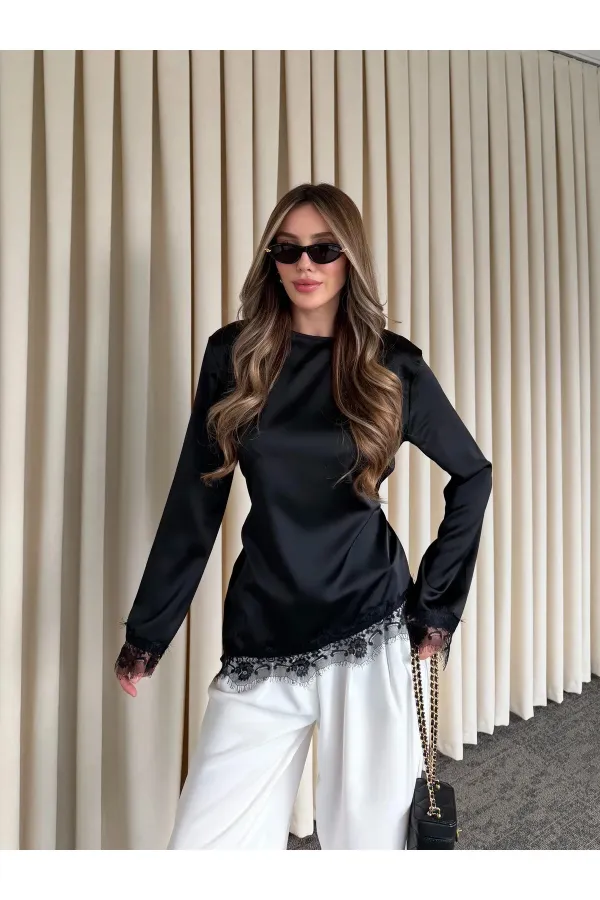 Siyah Saten Asimetrik Dantelli Bluz - 0320