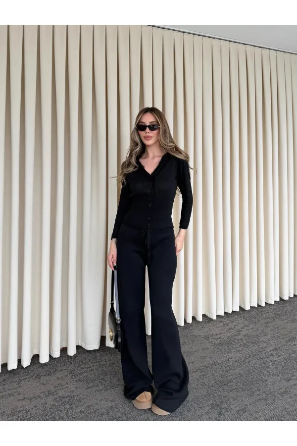 Siyah Dantelli İkili Triko Takım - 2602