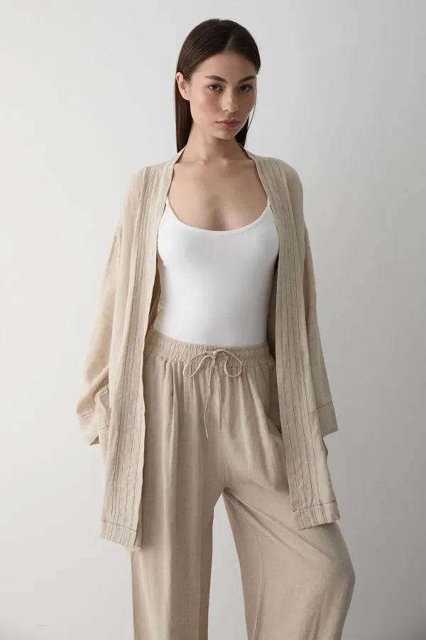 Ensemble kimono 100 % coton naturel avec poches et ceinture - 8491