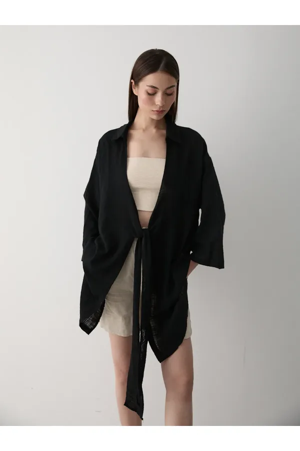 Siyah Flam Keten Kimono Gömlek