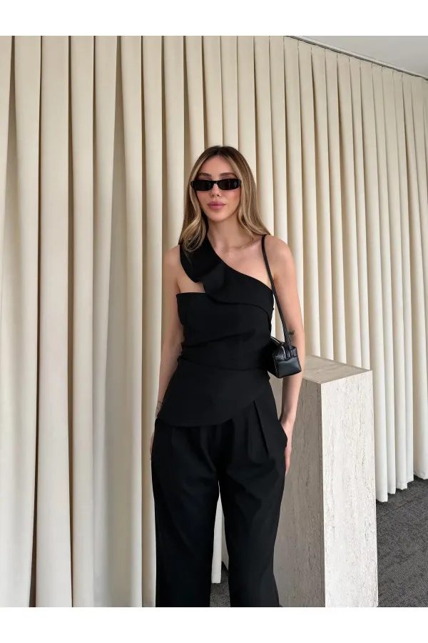 Siyah Tek Omuz Tasarım Yaka Bluz Pantolon Takım - 8003