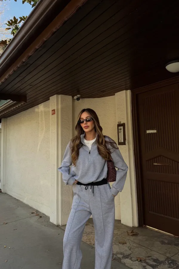 Ensemble de survêtement gris avec détail t-shirt et taille élastique - 0740