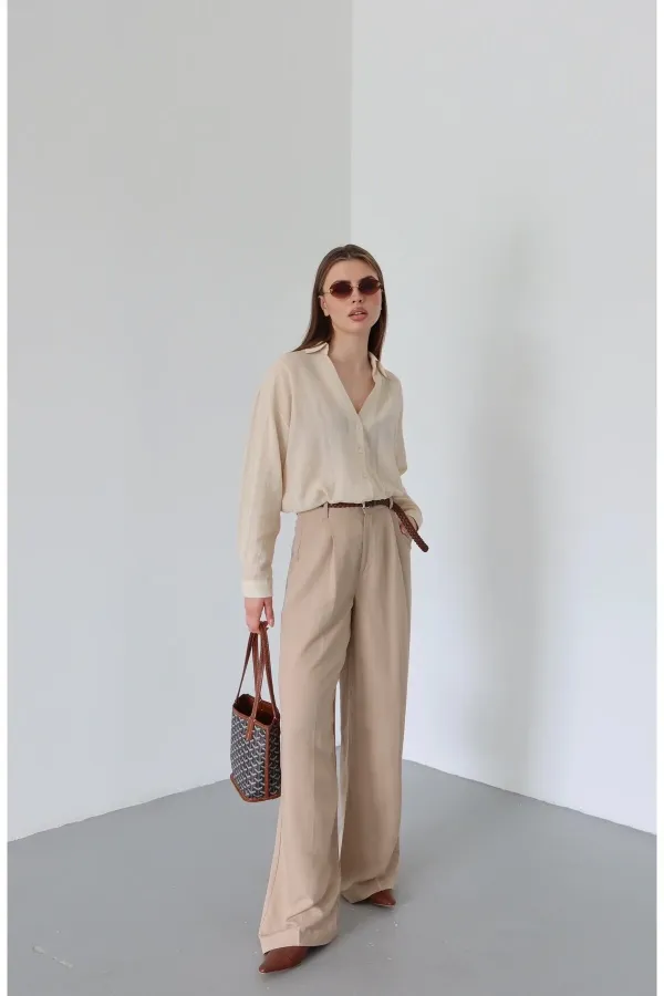 Pantalon beige en maille avec ceinture - 51150