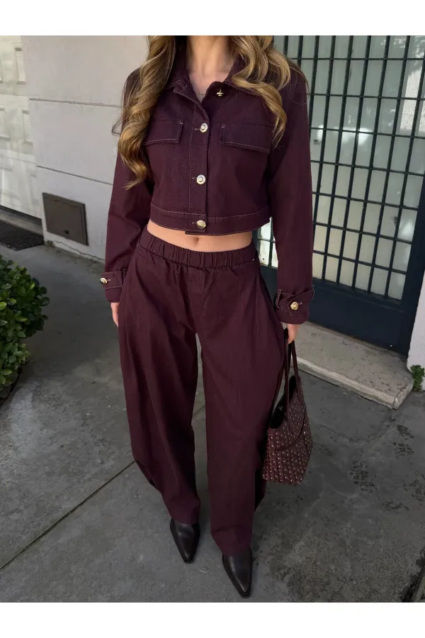 Mürdüm Kot Crop Ceket Pantolon Takım - 51244