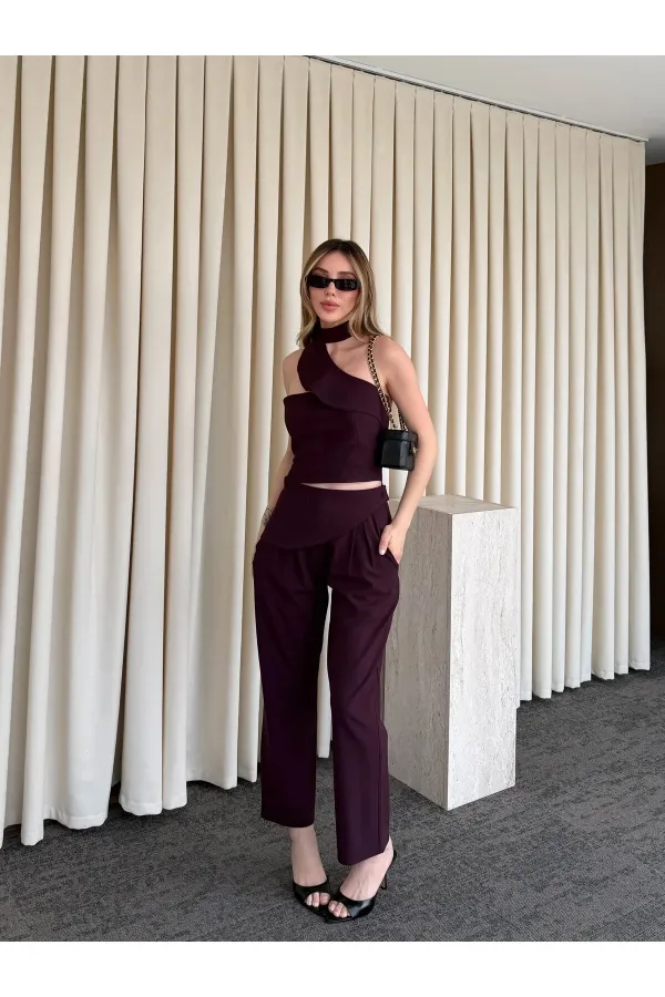 Mürdüm Tek Omuz Tasarım Yaka Bluz Pantolon Takım - 8003