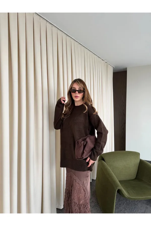 Kahverengi Saten Dantelli Etek - 37206