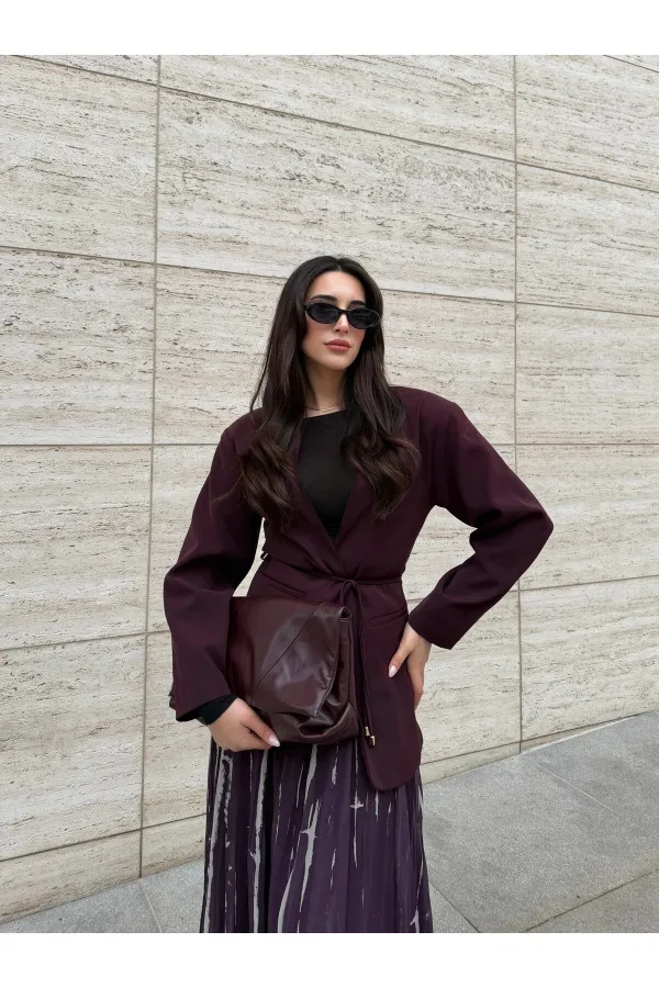 Bordo Bağcıklı Ceket - 9702