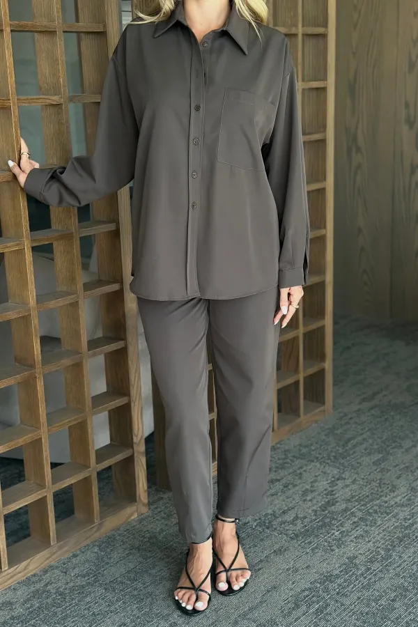 Ensemble chemise et pantalon marron Merlin avec ceinture - 8453