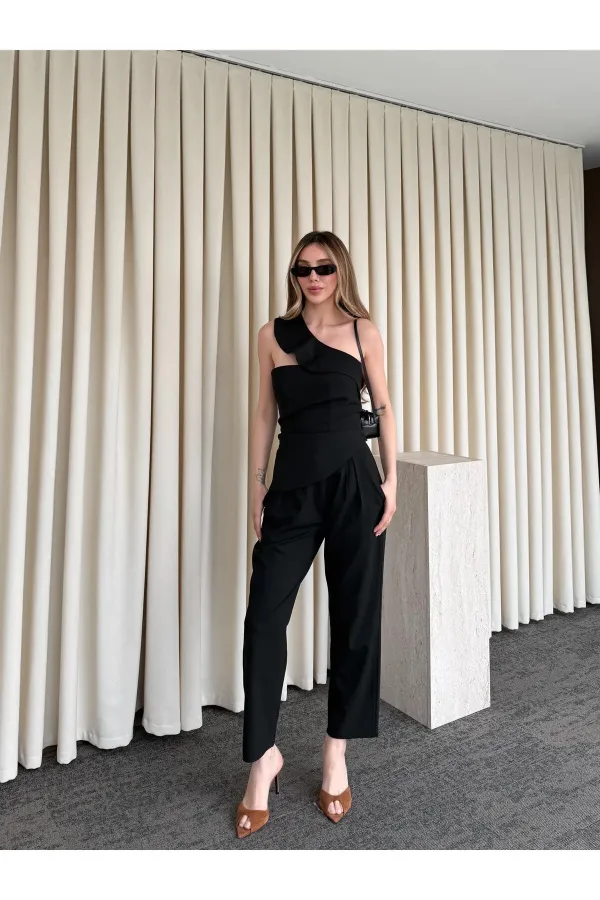 Siyah Tek Omuz Tasarım Yaka Bluz Pantolon Takım - 8003